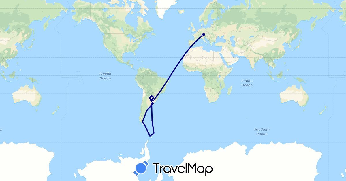 TravelMap itinerary: driving in Argentina, Chile, Germany, Falkland Islands, Uruguay (Europe, South America)